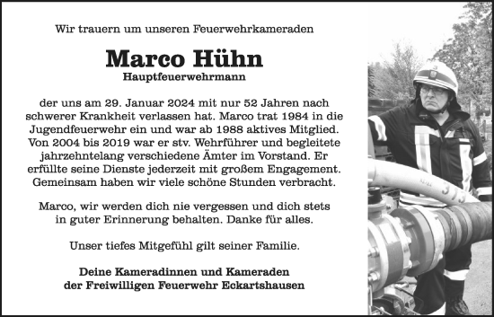 Traueranzeige von Marco Hühn von Kreis-Anzeiger