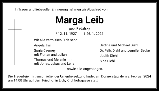 Traueranzeige von Marga Leib von Giessener Allgemeine, Alsfelder Allgemeine, Giessener Anzeiger