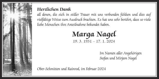 Traueranzeige von Marga Nagel von Kreis-Anzeiger