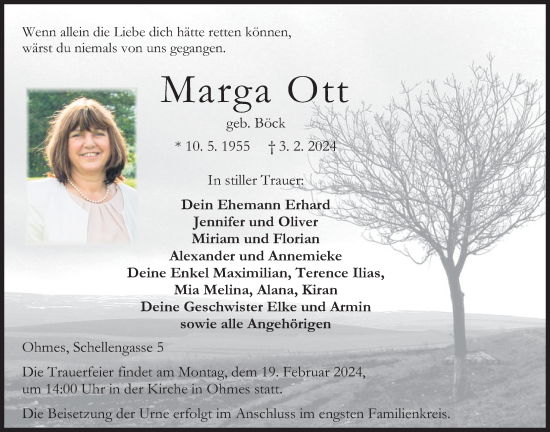 Traueranzeige von Marga Ott von Oberhessische Zeitung, 