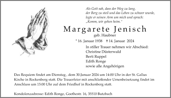 Traueranzeige von Margarete Jenisch von Butzbacher Zeitung