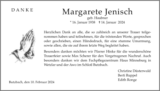 Traueranzeige von Margarete Jenisch von Butzbacher Zeitung