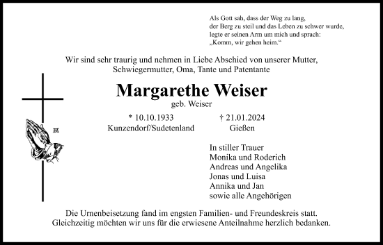 Traueranzeige von Margarethe Weiser von Giessener Anzeiger, Giessener Allgemeine, Alsfelder Allgemeine