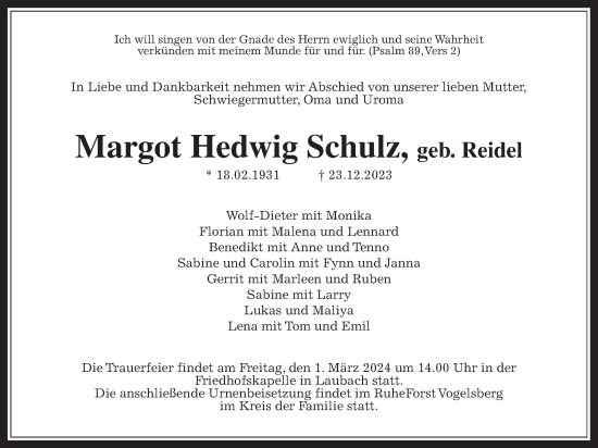 Traueranzeige von Margot Hedwig Schulz von Laubacher Anzeiger