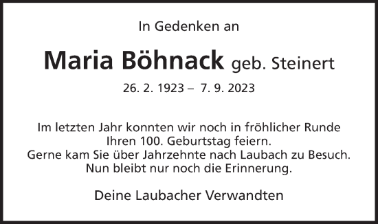 Traueranzeige von Maria Böhnack von Laubacher Anzeiger