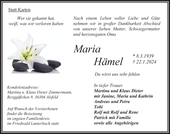 Traueranzeige von Maria Hämel von Oberhessische Zeitung