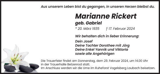 Traueranzeige von Marianne Rickert von Kreis-Anzeiger