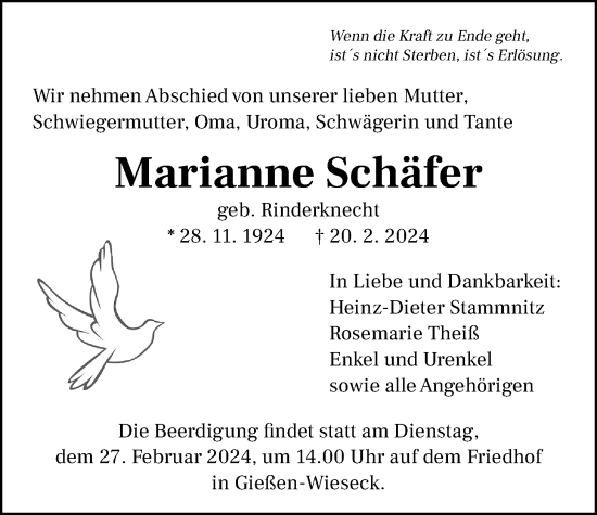 Traueranzeige von Marianne Schäfer von Giessener Allgemeine, Alsfelder Allgemeine, Giessener Anzeiger