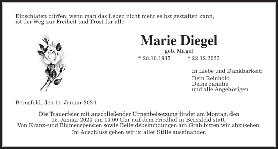 Traueranzeige von Marie Diegel von Alsfelder Allgemeine, Mücker Stimme, Oberhessische Zeitung