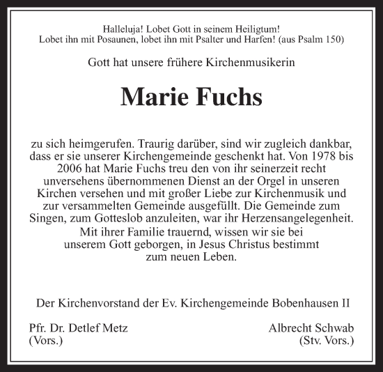 Traueranzeige von Marie Fuchs von Alsfelder Allgemeine, Oberhessische Zeitung