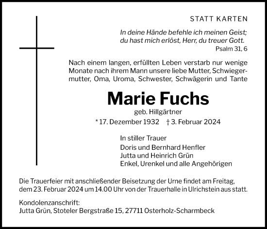 Traueranzeige von Marie Fuchs von Oberhessische Zeitung, Alsfelder Allgemeine, Oberhessische Zeitung
