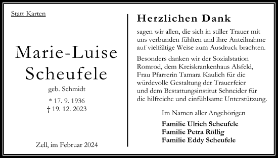 Traueranzeige von Marie-Luise Scheufele von Oberhessische Zeitung