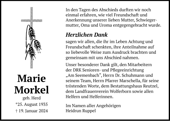 Traueranzeige von Marie Morkel von Kreis-Anzeiger