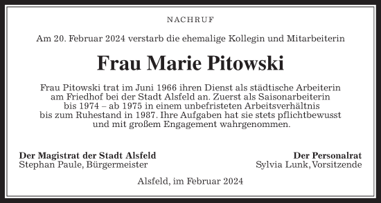 Traueranzeige von Marie Pitowski von Alsfelder Allgemeine, Oberhessische Zeitung