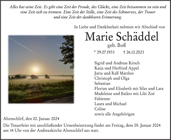 Traueranzeige von Marie Schäddel von Lauterbacher Anzeiger