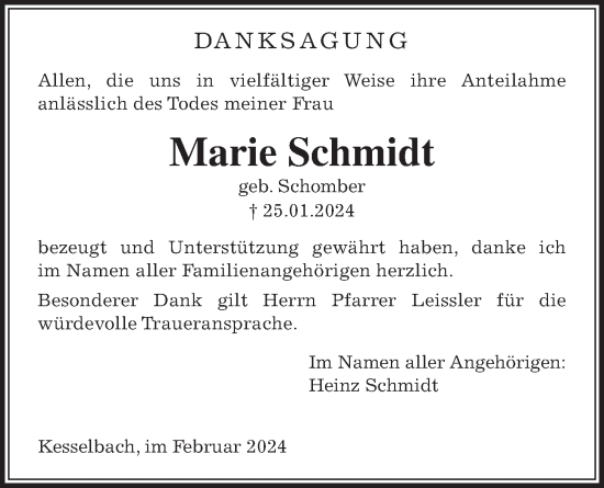 Traueranzeige von Marie Schmidt von Rabenauer Zeitung