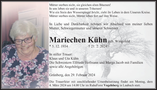 Traueranzeige von Mariechen Kühn von Giessener Allgemeine, Alsfelder Allgemeine