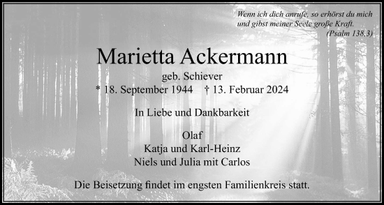 Traueranzeige von Marietta Ackermann von Usinger Anzeiger