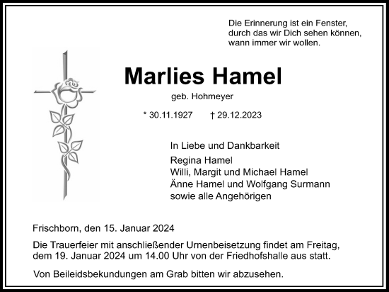 Traueranzeige von Marlies Hamel von Lauterbacher Anzeiger