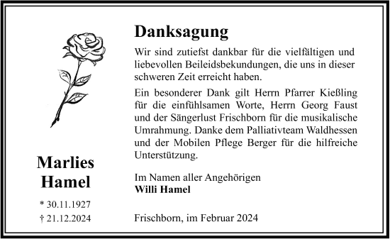 Traueranzeige von Marlies Hamel von Lauterbacher Anzeiger