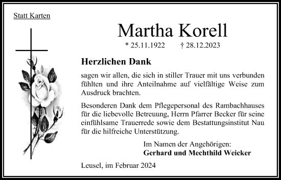 Traueranzeige von Martha Korell von Oberhessische Zeitung