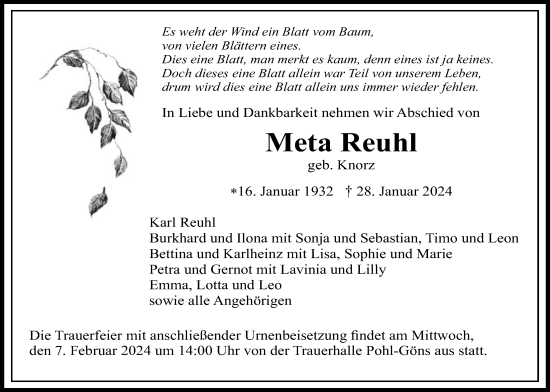 Traueranzeige von Meta Reuhl von Butzbacher Zeitung