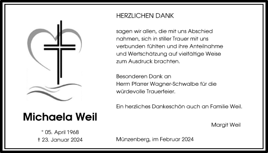 Traueranzeige von Michaela Weil von Butzbacher Zeitung