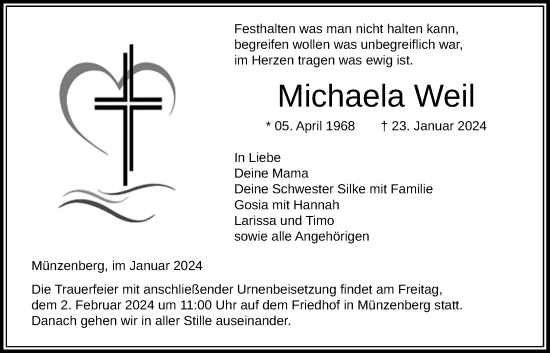 Traueranzeige von Michaela Weil von Butzbacher Zeitung