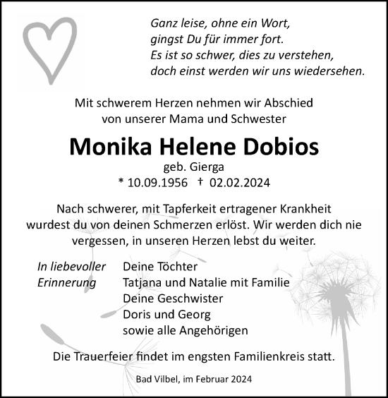Traueranzeige von Monika Helene Dobios von Bad Vilbel/Karben