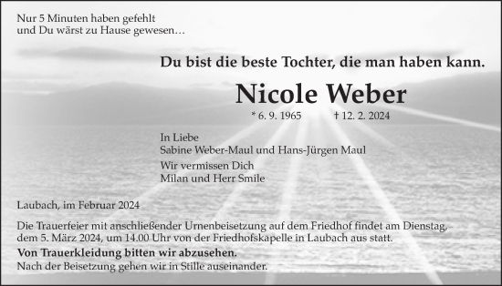 Traueranzeige von Nicole Weber von Laubacher Anzeiger, Giessener Allgemeine, Alsfelder Allgemeine