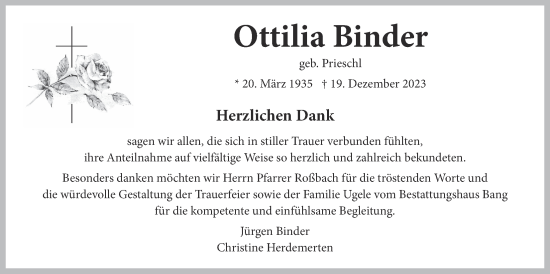 Traueranzeige von Ottilia Binder von Butzbacher Zeitung