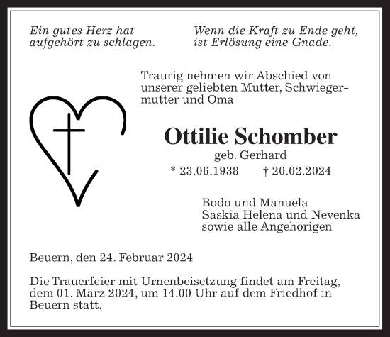 Traueranzeige von Ottilie Schomber von Giessener Allgemeine, Alsfelder Allgemeine