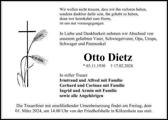 Traueranzeige von Otto Dietz von Lauterbacher Anzeiger