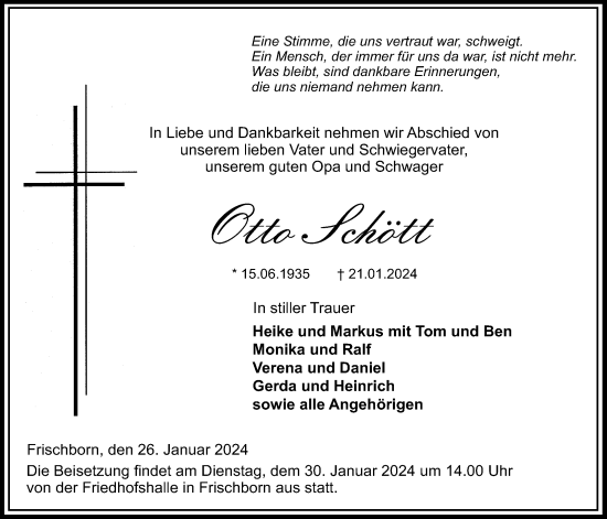 Traueranzeige von Otto Schött von Lauterbacher Anzeiger