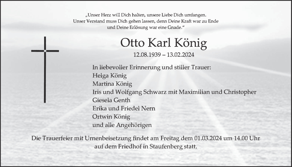  Traueranzeige für Otto Karl König vom 27.02.2024 aus Giessener Allgemeine, Alsfelder Allgemeine, Giessener Anzeiger