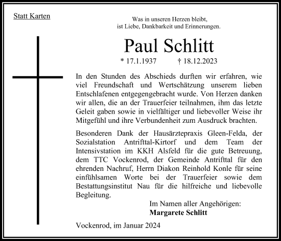 Traueranzeige von Paul Schlitt von Oberhessische Zeitung