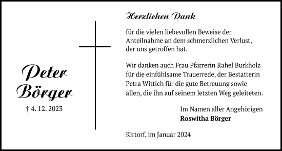 Traueranzeige von Peter Börger von Oberhessische Zeitung