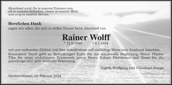 Traueranzeige von Rainer Wolff von Mücker Stimme