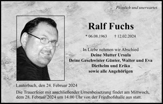 Traueranzeige von Ralf Fuchs von Lauterbacher Anzeiger