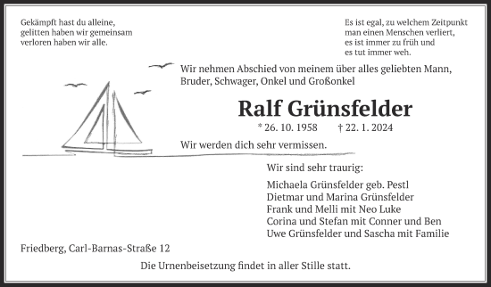 Traueranzeige von Ralf Grünsfelder von Wetterauer Zeitung