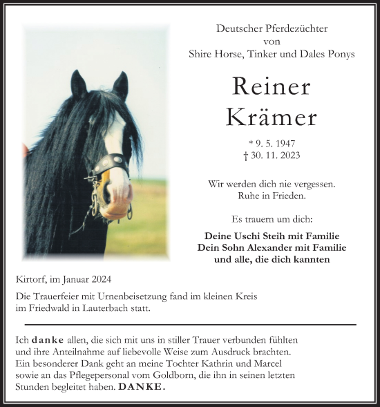 Traueranzeige von Reiner Krämer von Oberhessische Zeitung