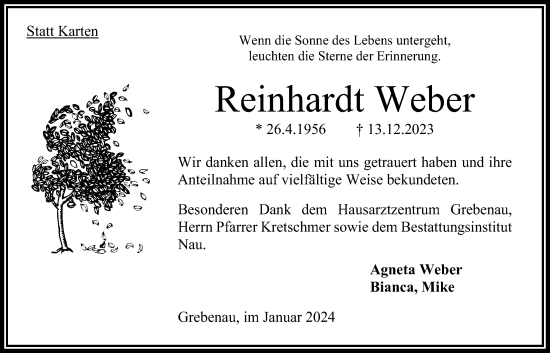 Traueranzeige von Reinhardt Weber von Oberhessische Zeitung