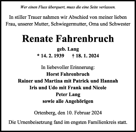 Traueranzeige von Renate Fahrenbruch von Kreis-Anzeiger