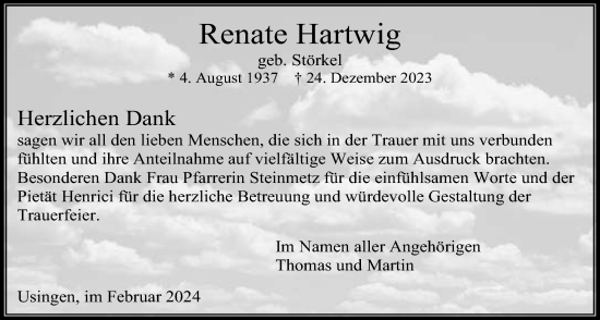 Traueranzeige von Renate Hartwig von Usinger Anzeiger