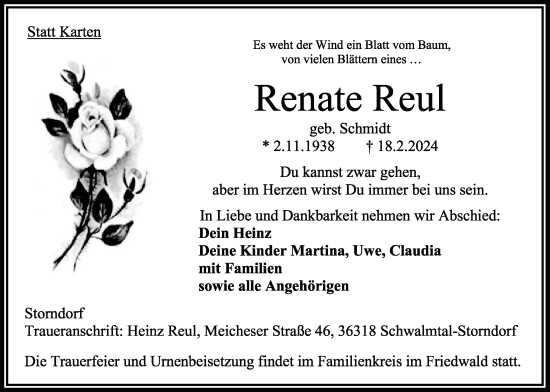 Traueranzeige von Renate Reul von Oberhessische Zeitung