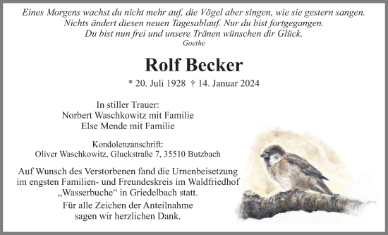 Traueranzeige von Rolf Becker von Butzbacher Zeitung