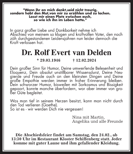 Traueranzeige von Rolf Evert van Delden von Pohlheimer Nachrichten
