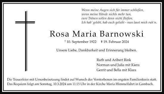 Traueranzeige von Rosa Maria Barnowski von Butzbacher Zeitung