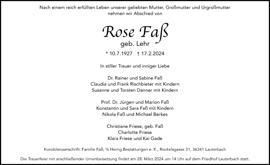 Traueranzeige von Rose Faß von Lauterbacher Anzeiger