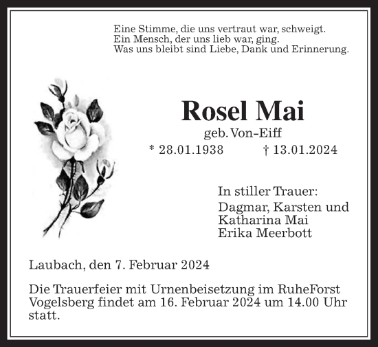 Traueranzeige von Rosel Mai von Laubacher Anzeiger